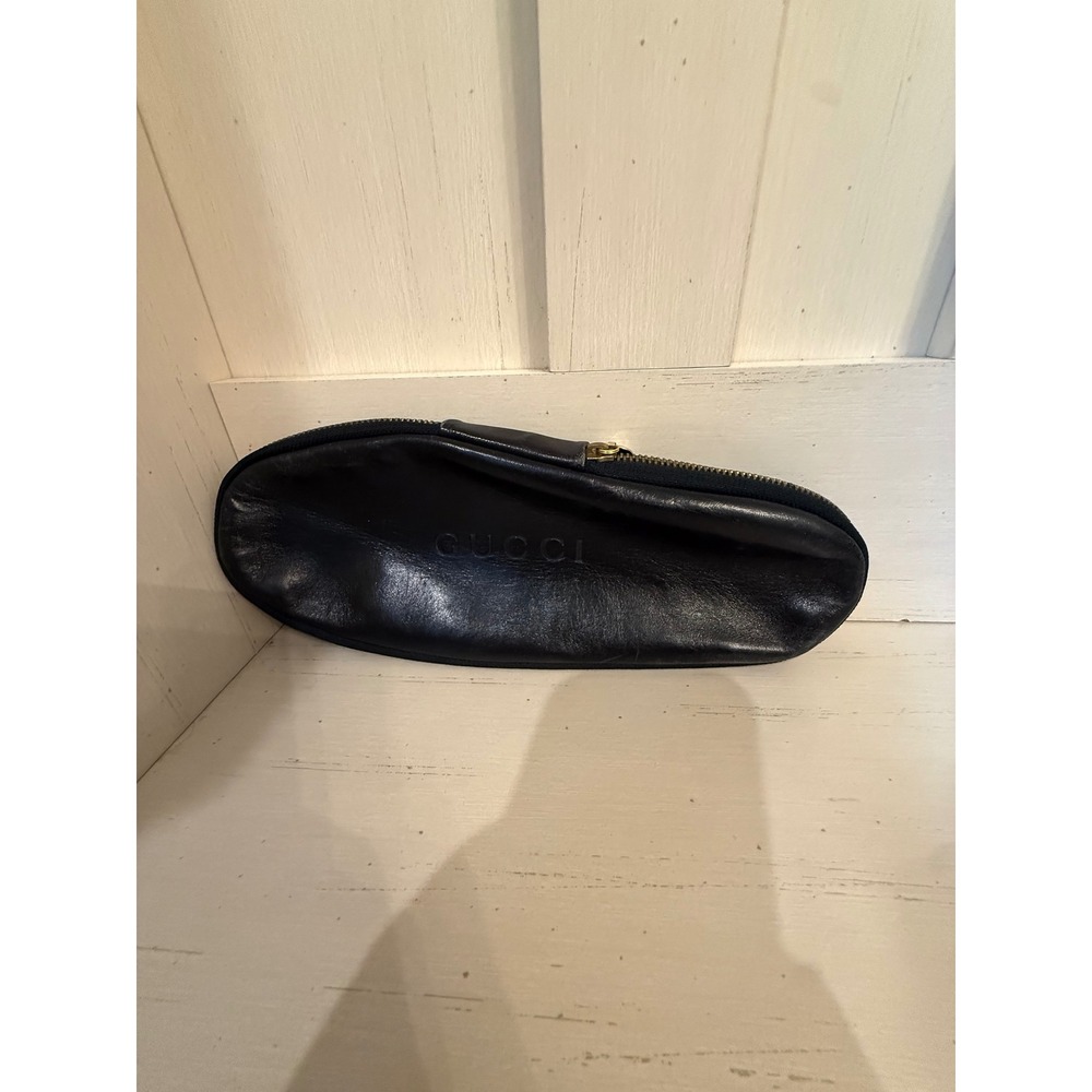 Vintage Gucci Black Leather Slipper Case Made in Italy Gold GG Zipper Pull